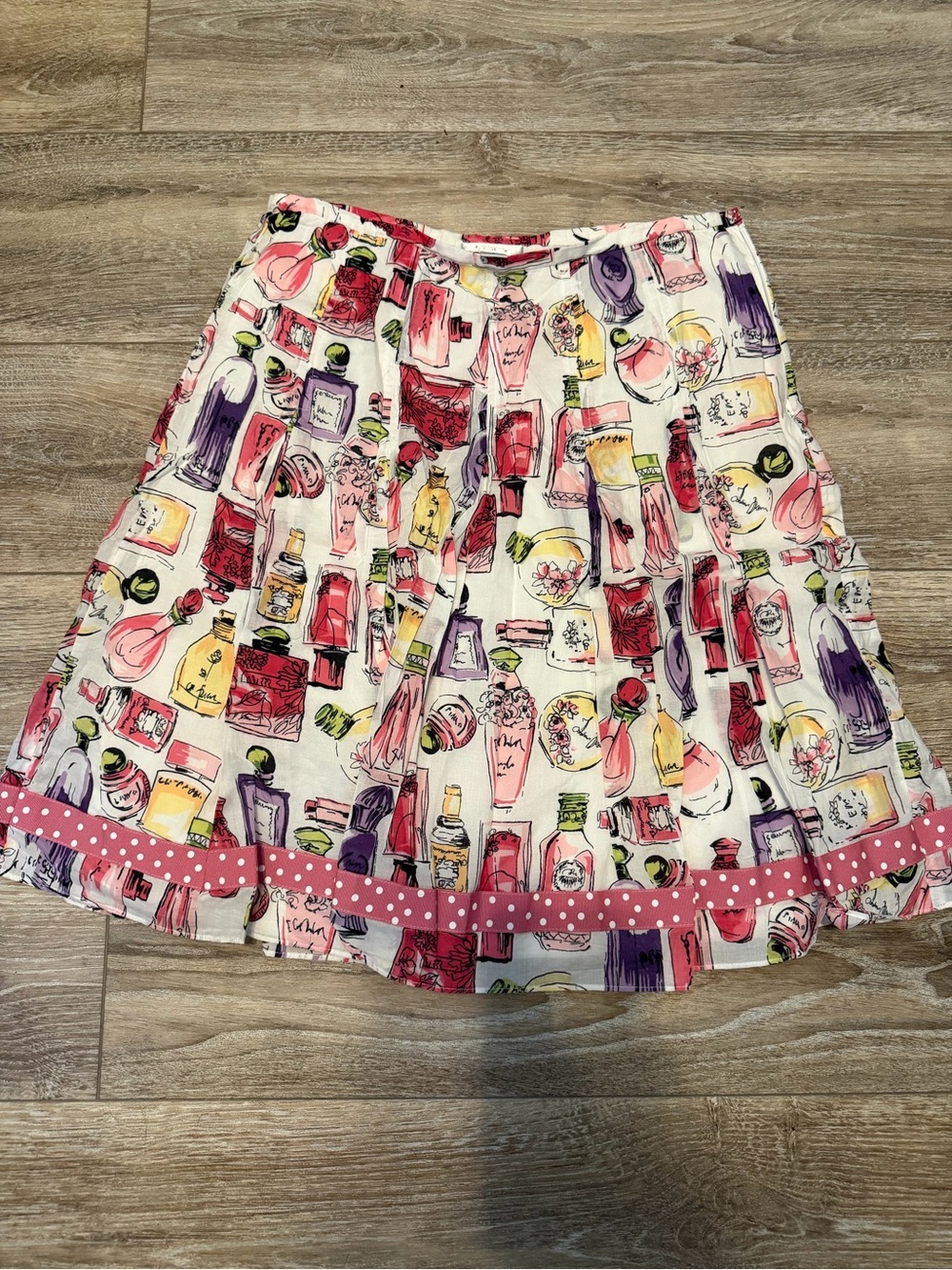 LOFT White Midi Skirt with Pink, Purple and Yellow Perfume Bottle Print